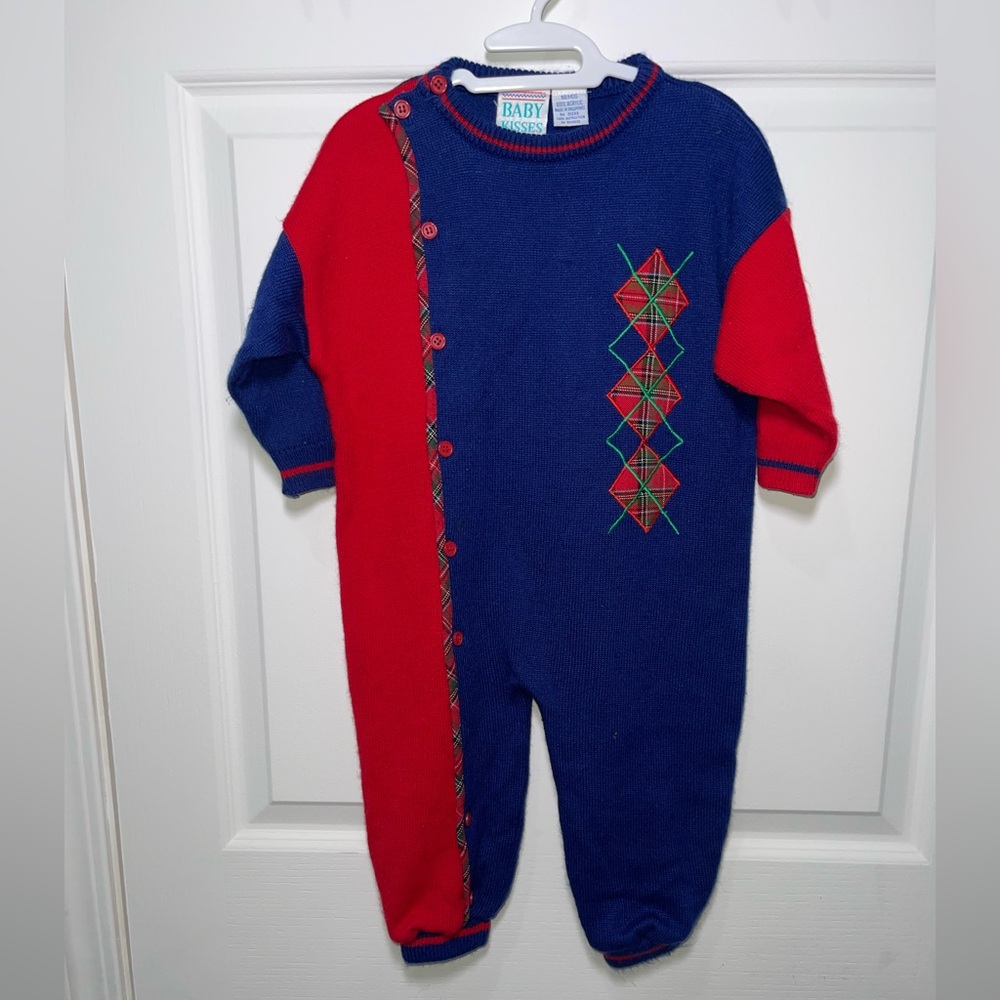 Vintage Baby 18m Colorblock Buttoned Red and Blue Argyle Design Cozy One Piece